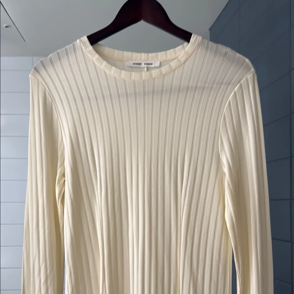 Samsoe Samsoe Jenari Ribbed Knit Eggnog Long Sleeve Sheath Dress Size Large - Picture 4 of 15